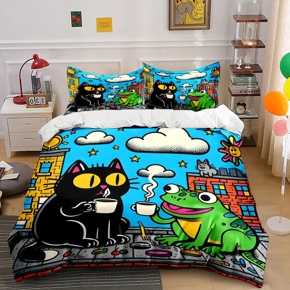 Black cat and frog sharing hot drinks Print Bedding Set 1 Duvet Cover 2 Pillowcases for Adult and Children Luxury Gift