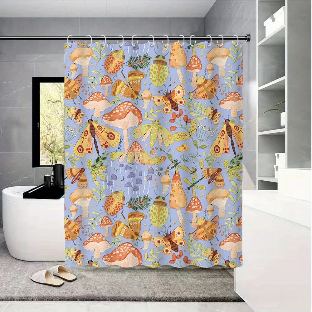 Tenda da doccia in poliestere con stampa digitale - Foresta viola con piccoli animali e fiori, decorazioni per interni per la casa, divisorio per WC