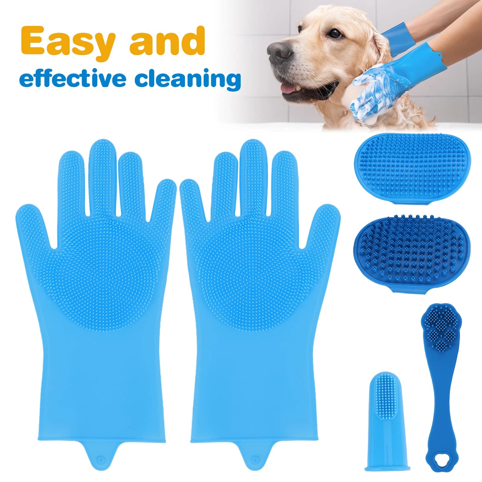 6PCS Pet Grooming Kit Silicone Dog Bath Gloves Dog Shampoo Brush Pet Grooming Gloves for Dog Cat Bathing Massaging & Grooming