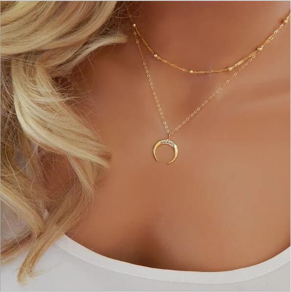 Aihua Fashion Gold Color Double Layer Moon Pendant Necklaces for Women Luxury Design Shiny Choker Necklace Jewelry Gifts