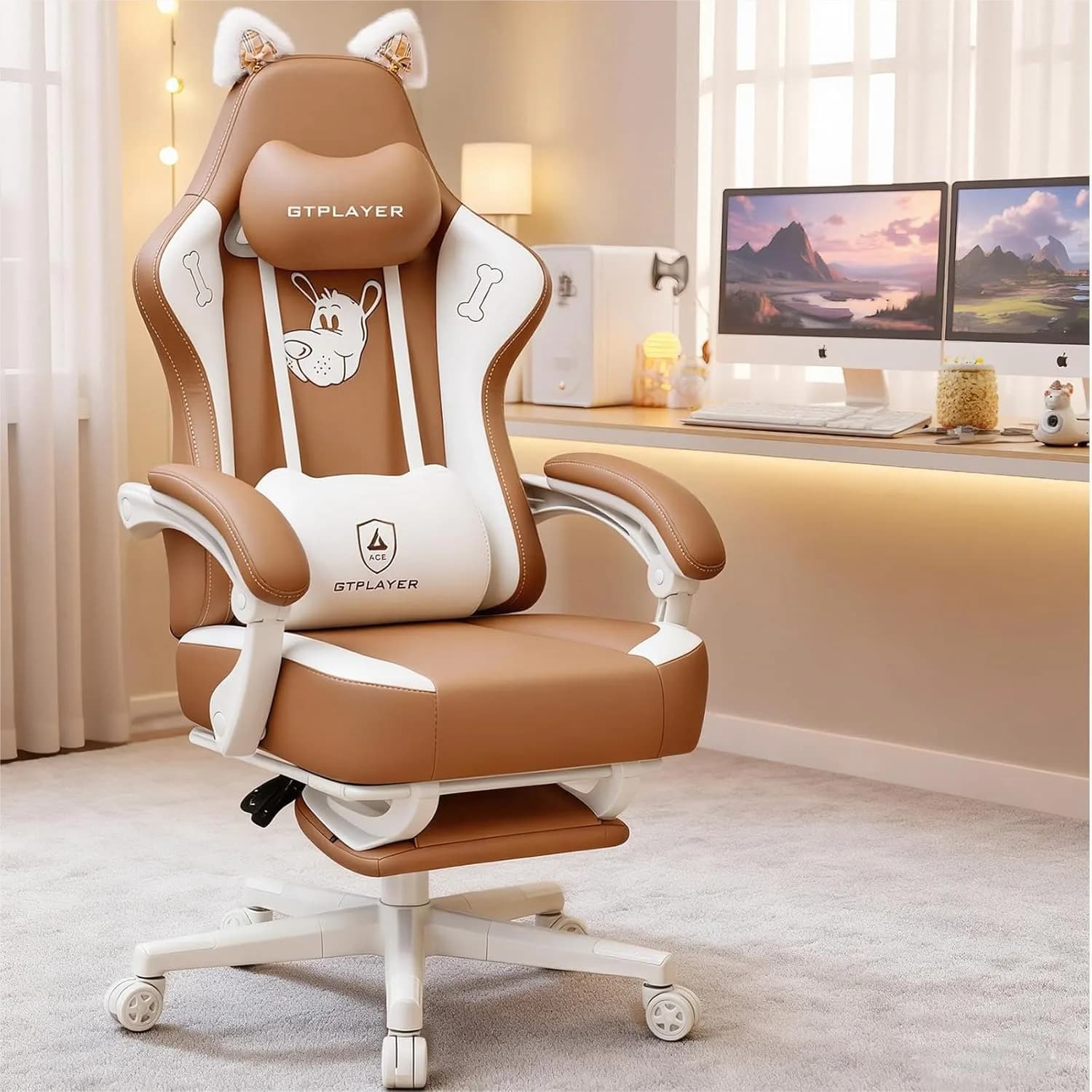 Sedia da Gaming Ergonomica con Orecchie da Gatto, Carina Sedia da Computer con Supporto Lombare in Memory Foam e Poggiapiedi per Ragazze, Adolescenti e Donne