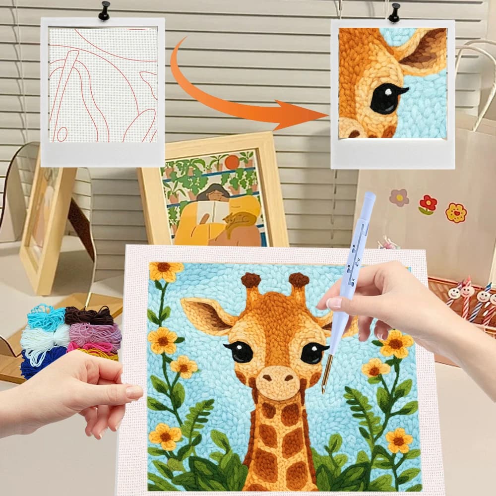 25x25 cm Punzonatrice Ago Ricamo Starter Kit modello giraffa per adulti Principianti Artigianato Punzonatrice Kit di aghi Ricamo Cucito