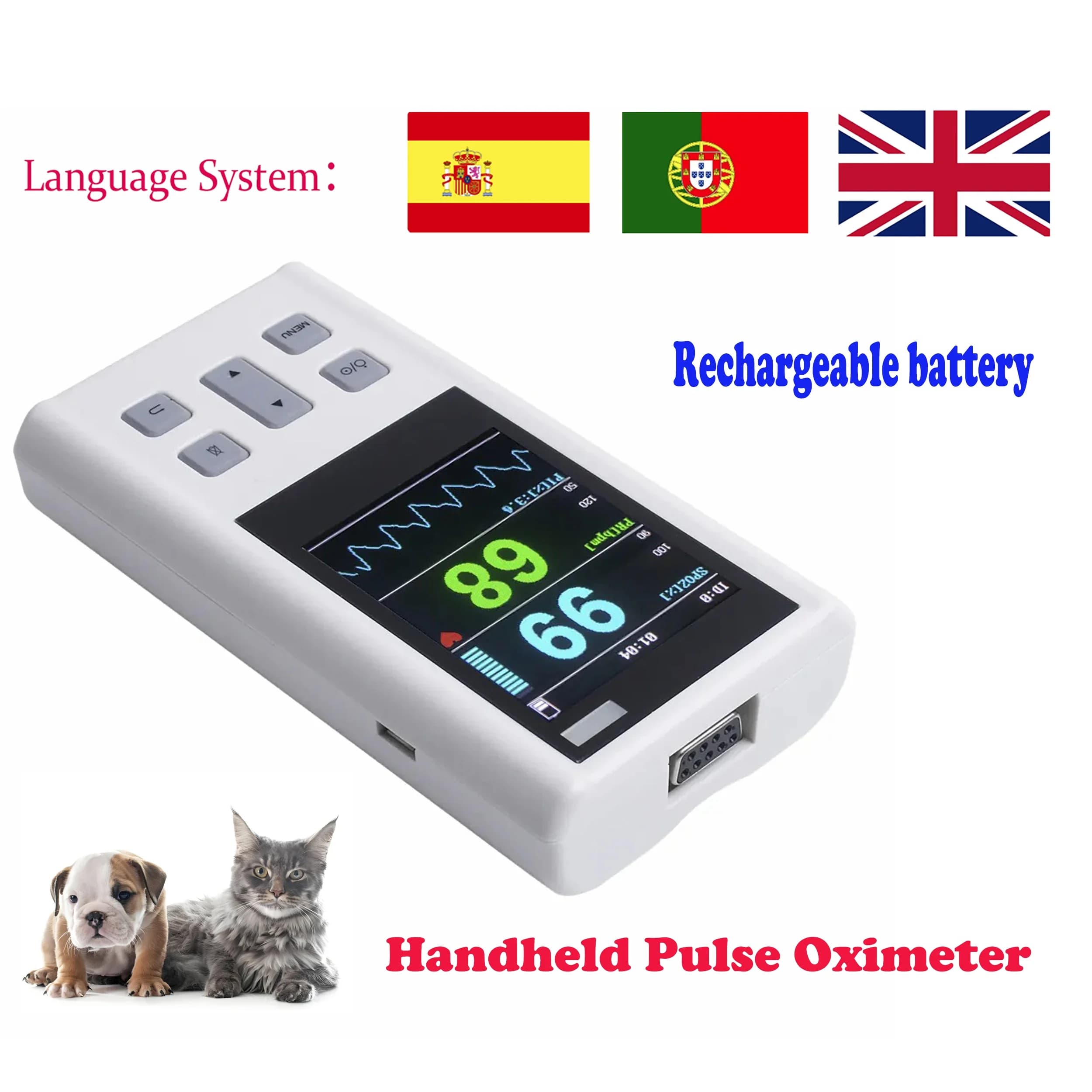 Rechargeable monitor for portable pulse oxymeter for heart rate oxygen saturation with veterinary SPO2 PR PI with memory