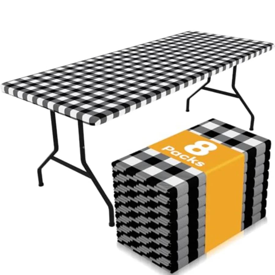 Picnic Table Cloth 8 Pack, Waterproof Elastic Fitted Tablecloths for 6Feet Rectangle Tables, Washable Polyester Buffalo Plaid T
