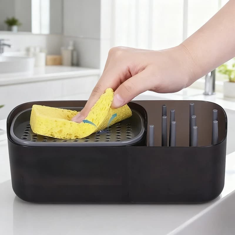 Dispenser di sapone da cucina e bagno 2 in 1 con supporto per spugna, portaoggetti da appoggio per piatti, sapone/shampoo, organizer per la casa
