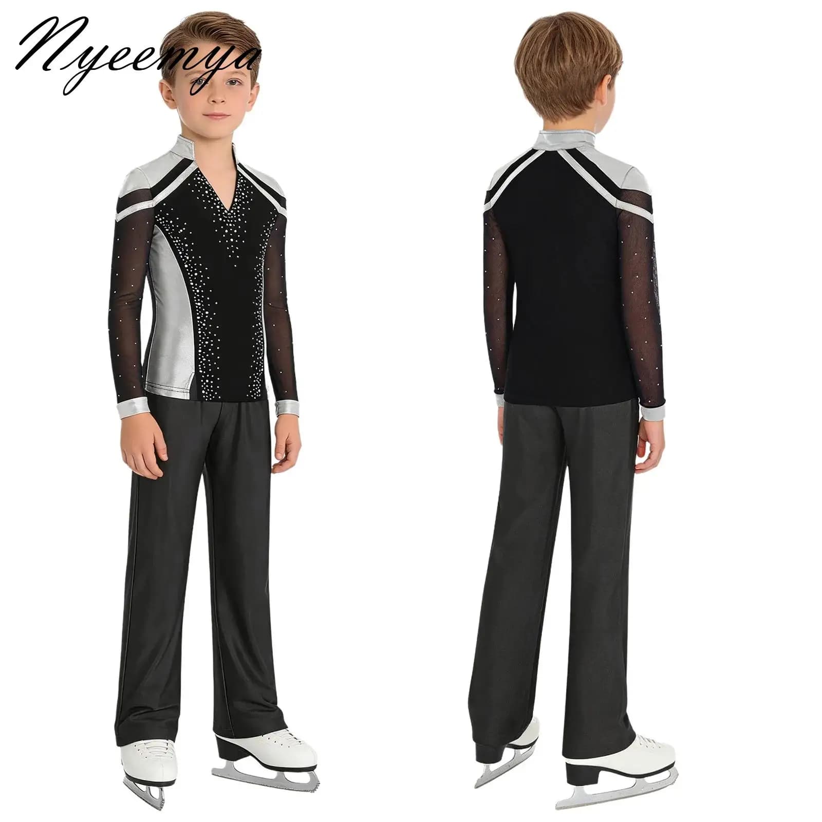 Costumi da Pattinaggio Artistico su Ghiaccio per Bambini e Ragazzi, Abbigliamento da Danza Classica, Top a Maniche Lunghe con Strass Scintillanti e Pantaloni