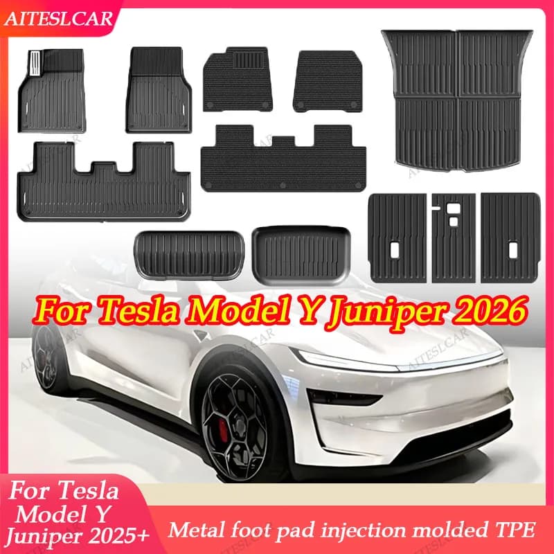 Tappetini Auto in TPE per Tesla Model Y Juniper 2025-2026 con Pedali Metallici, Set Tappetini Bagagliaio Impermeabili Quattro Stagioni