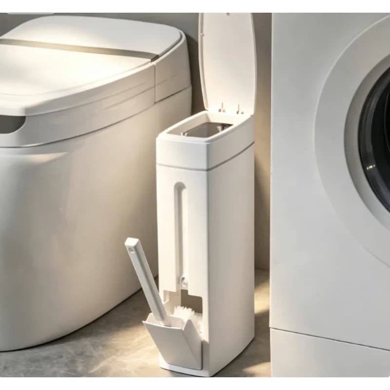 Space Saving Bathroom Trash Can with Toilet Brush Combo, Narrow Garbage Can with Lid for Toilet