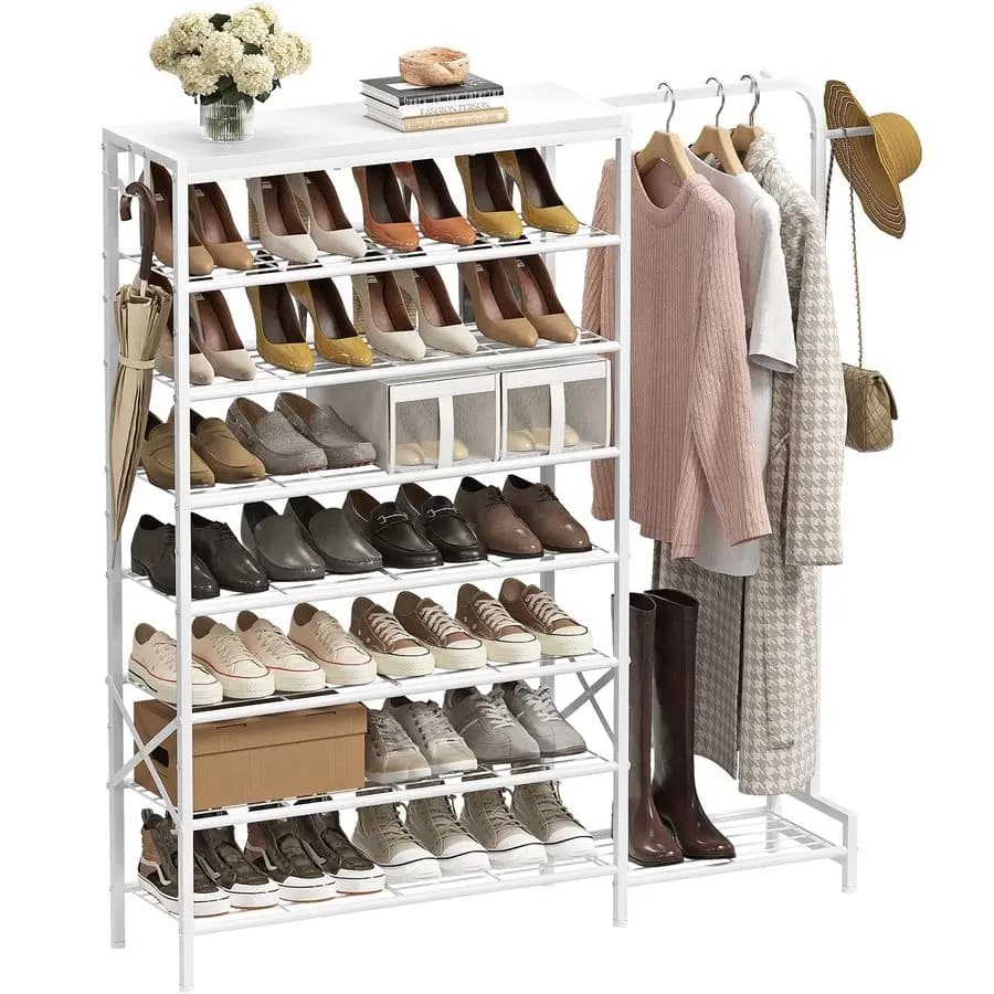 Appendiabiti con Ganci, Organizzatore per Scarpe a 8 Livelli con Ganci, 3 in 1, Ripiano Superiore in Legno, Struttura Robusta, Appendiabiti in Metallo S