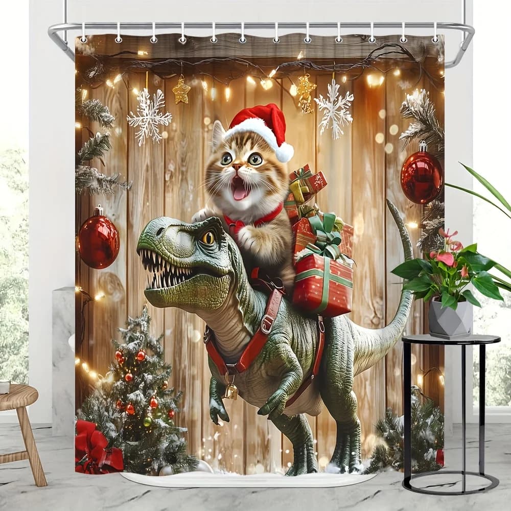 Felice Natale Gatto che cavalca dinosauro con tenda da doccia regalo, perfetta per festival e atmosfera confortevole