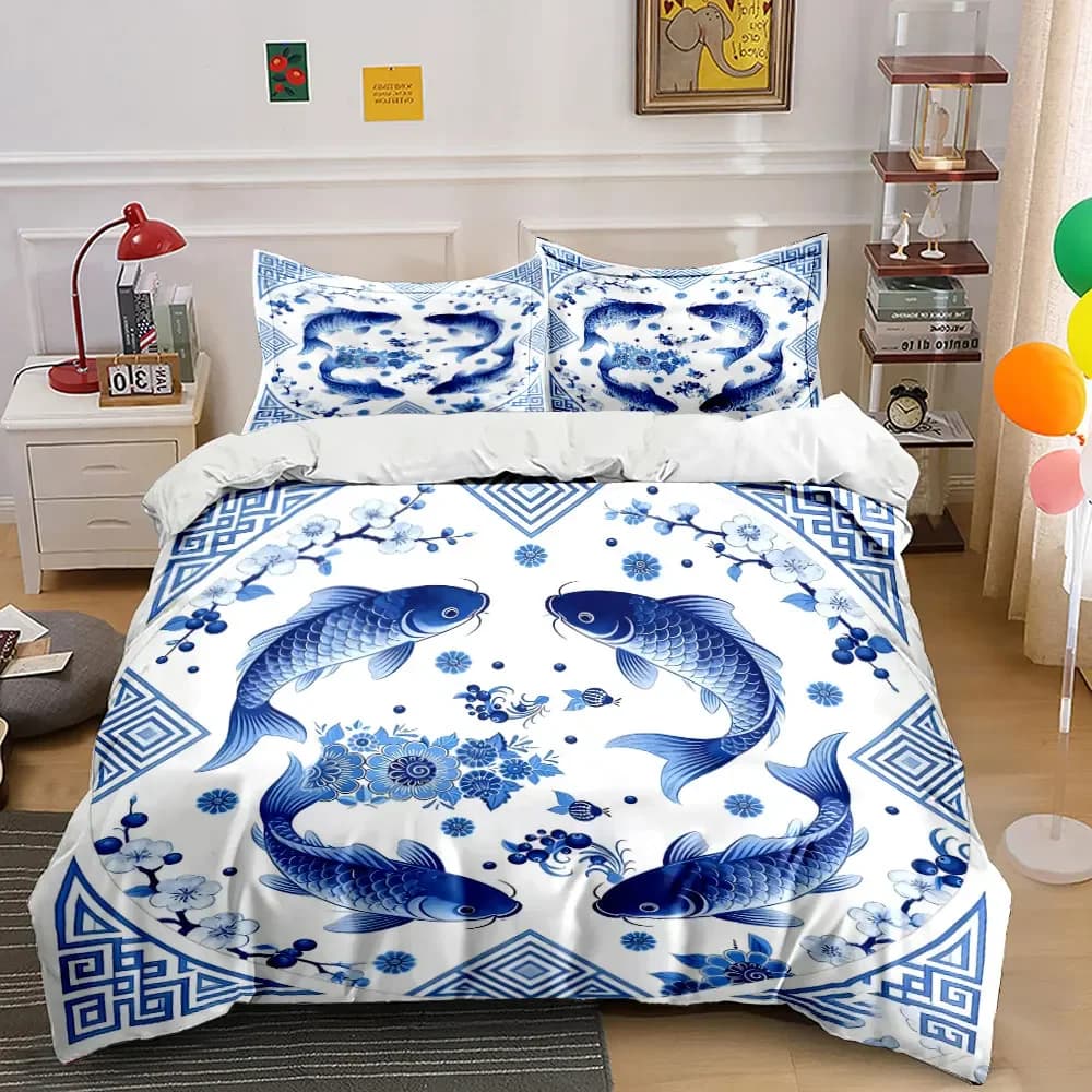 Oriental Fish Pattern Decor Set Soft Comfortable Duvet Cover Bedding Set Included 1*Duvet Cover & 2*Pillowcases, gift