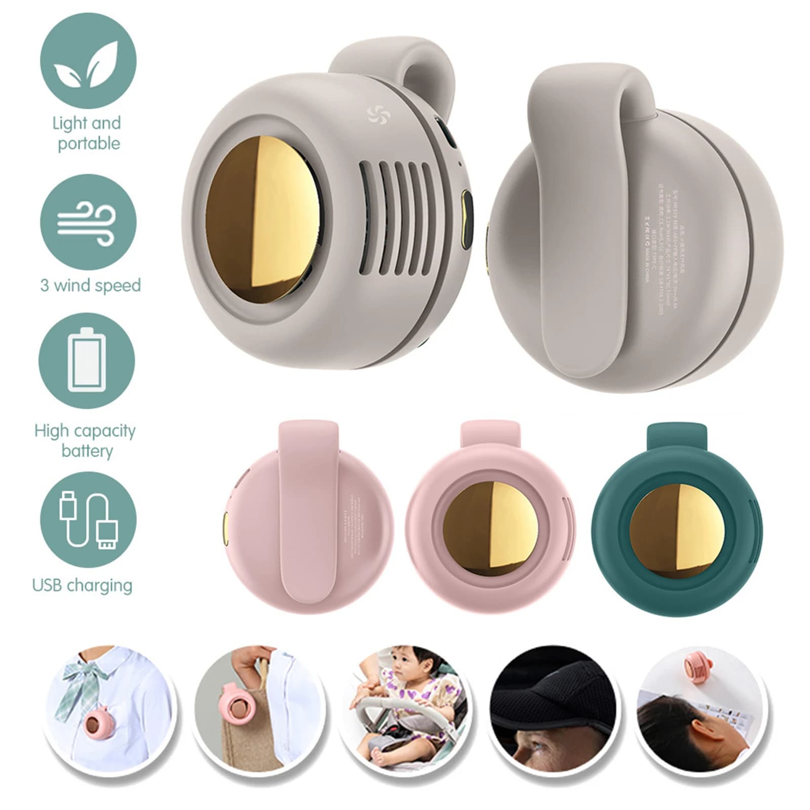 Portable Silent Mini Bladeless Electric Fan,Small fan Clip on Shirt Waist Mini Bladeless Cooling Fan Adjustable 3-Speed Outdoor