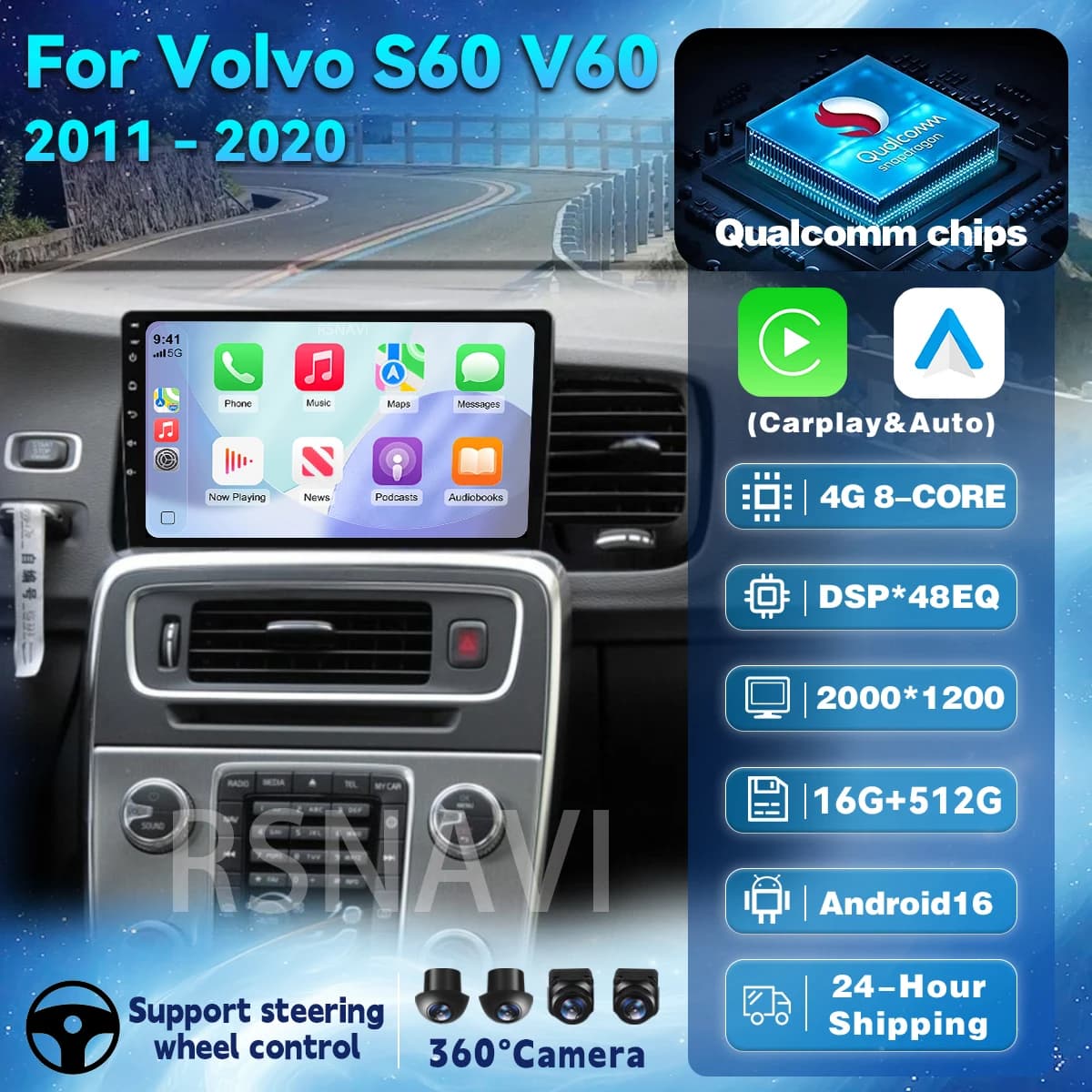 Plug and Play Android 16 For Volvo S60 V60 2011-2013 2014-2020 Carplay Auto Screen Car Radio Multimedia Player Autoradio Stereo