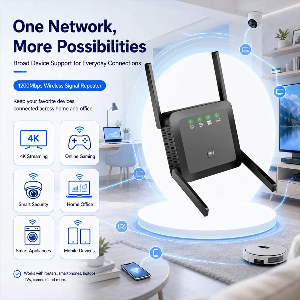 AC1200 Dual Band WiFi Extender WiFi Repeater 5GHz 2.4GHz Wireless Signal Booster with 4 Antennas WPS AP/Repeater Mode LAN Port