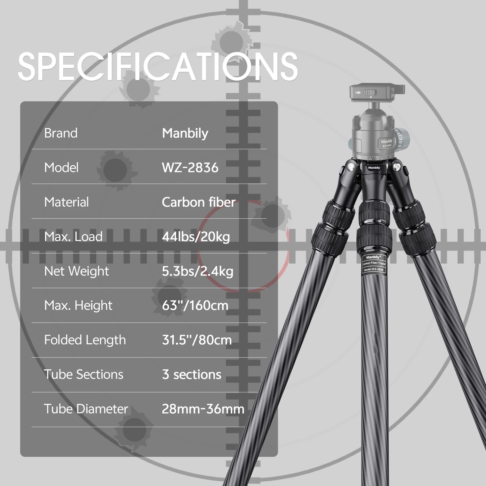 Manbily WZ-2836 without Ballhead 36mm Tube Carbon Fiber Tripods Professional Shooting Tripod for Outdoor