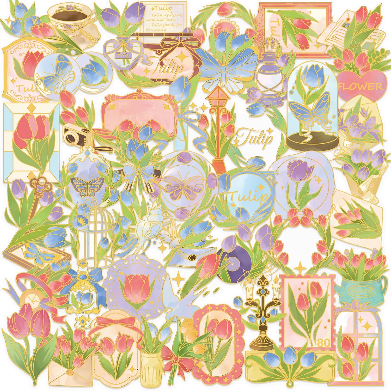 50/100 Pezzi Adesivi Floreali Eleganti in PET Trasparente a Forma di Tulipano con Lamina Dorata per Agende, Tablet, Telefoni, Bicchieri, Articoli di Cancelleria, Quaderni