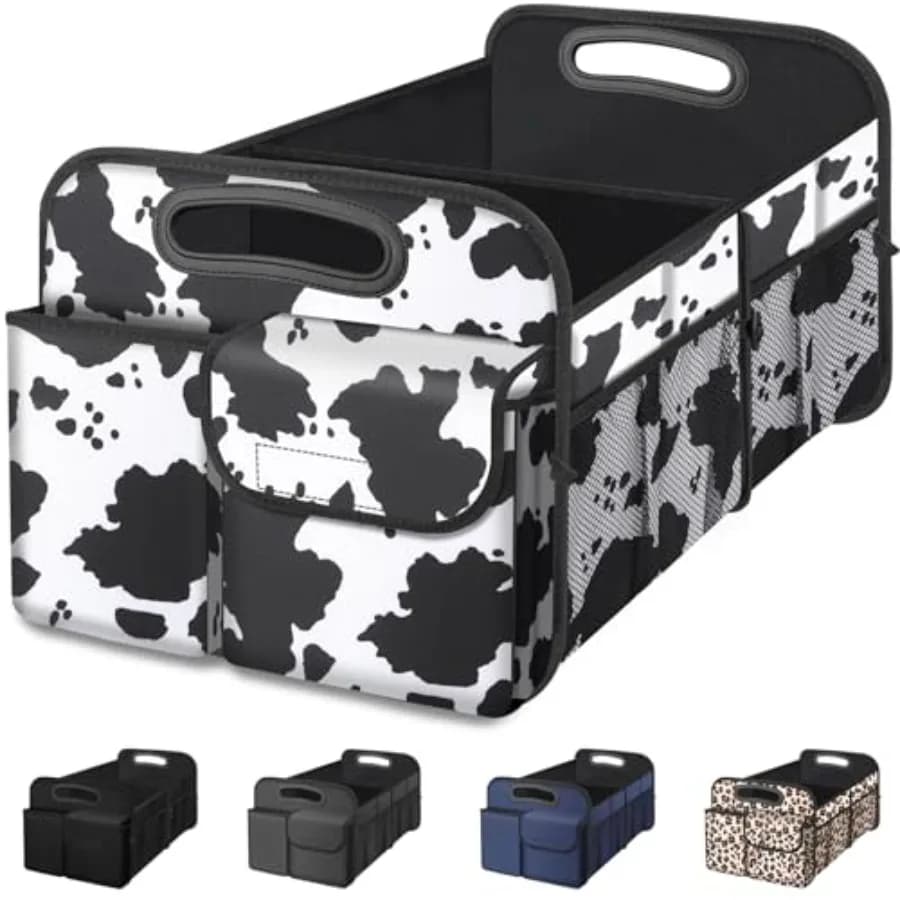 Car Trunk Organizer, Cow Print, Vintage Style, 52L Capacity, 4 Compartments, Waterproof, Non-Slip, Collapsible, 22.5"D x 18"W x