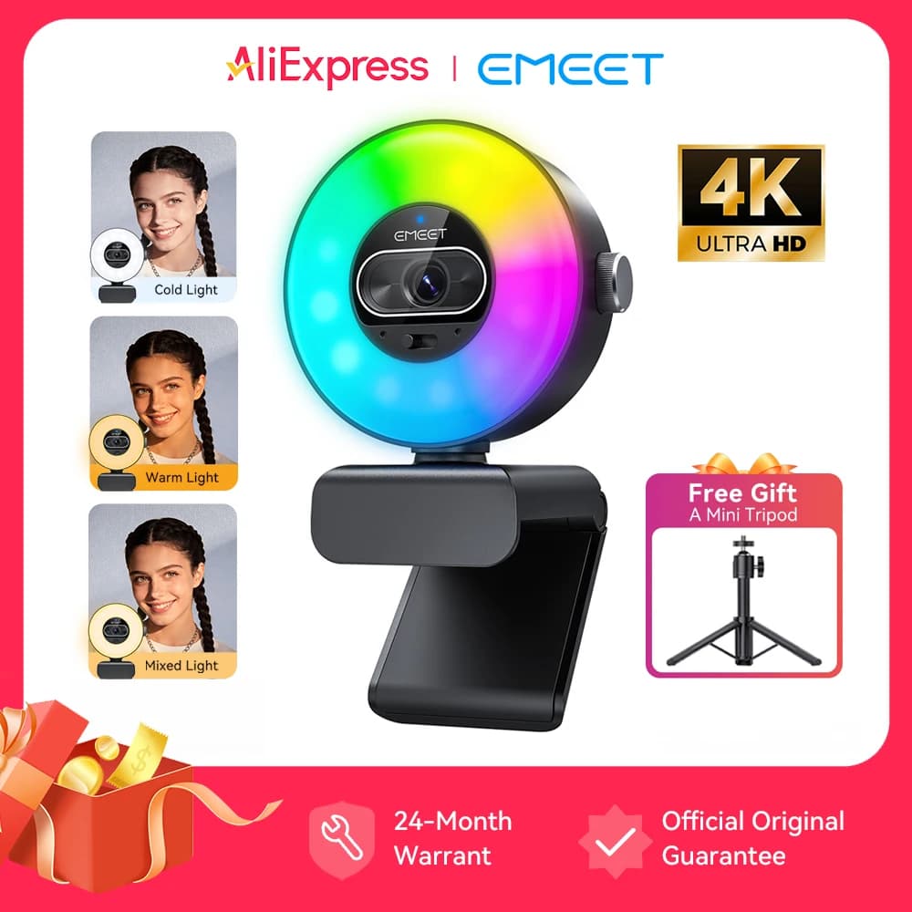 Webcam 4K con Luci 1080P60fps Autofocus Videocamera EMEET S600 Light Fotocamera USB 8MP 73 ° Webcam FOV per Streaming su PC/Comp