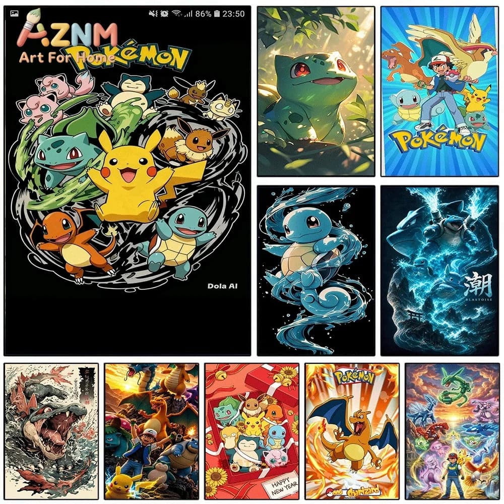Anime Pokemon Main Characters Canvas Wall Art, Popular Pocket Monster Cartoon Frameless Canvas Painting for Kids Bedroom Livin