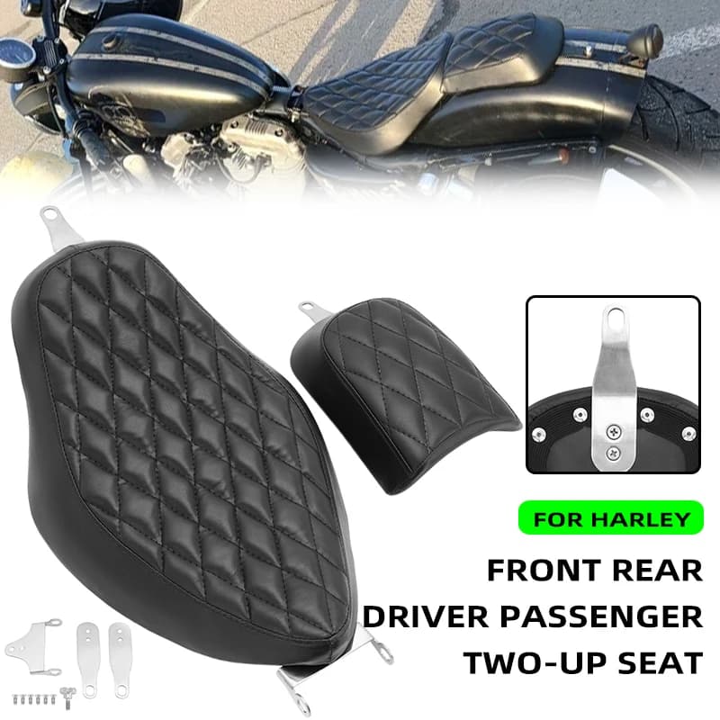 For Harley Sportster XL 883 1200 Iron 883 04-18 Motorcycle Diamond Stitched Two-Up Front Driver Rear Passenger Cushion Seat Pad