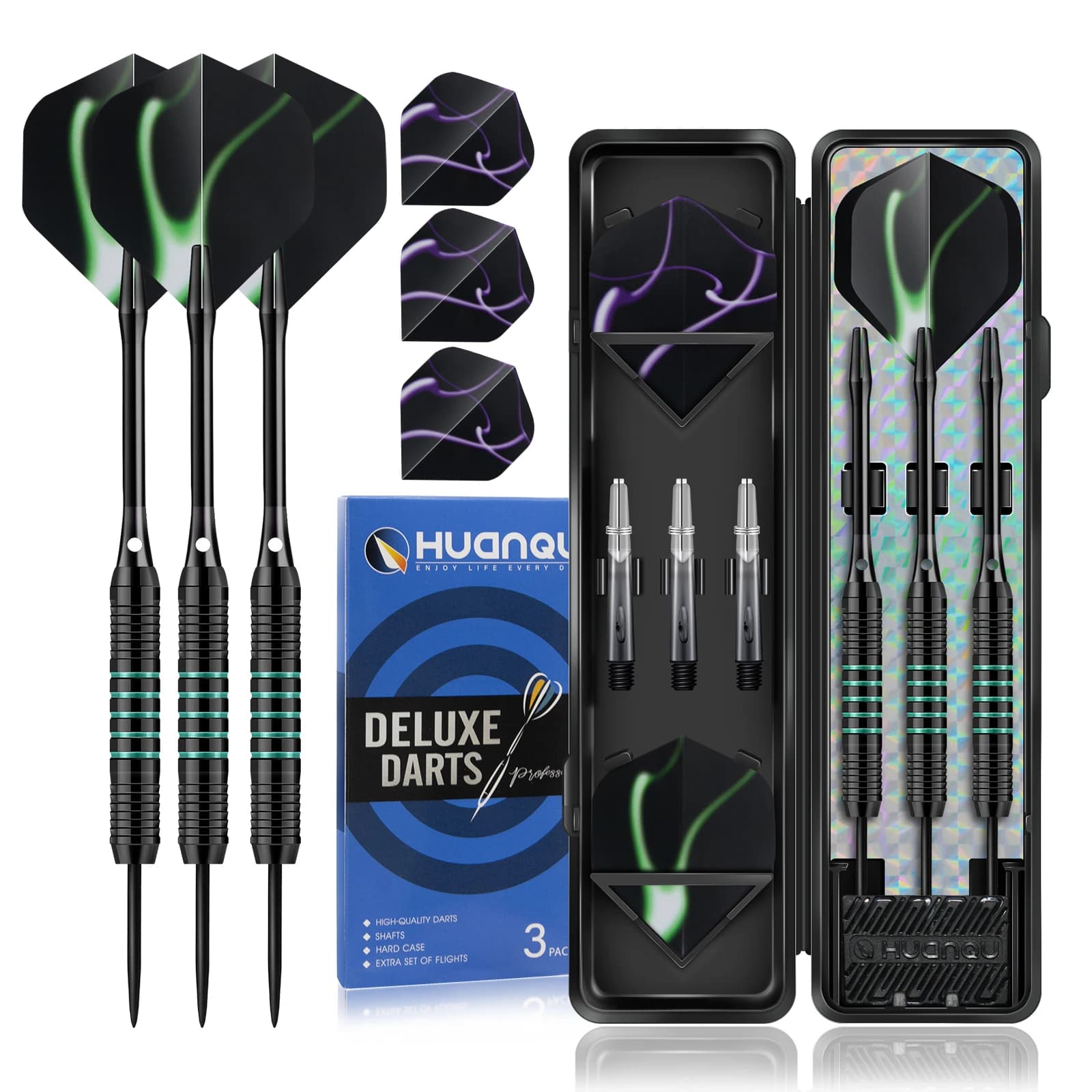 HUANQU 3Pcs 24g Steel Tip Darts Set Professional Iron Barrels Hard Storage Case Shafts Extra PET Flights Sharpener
