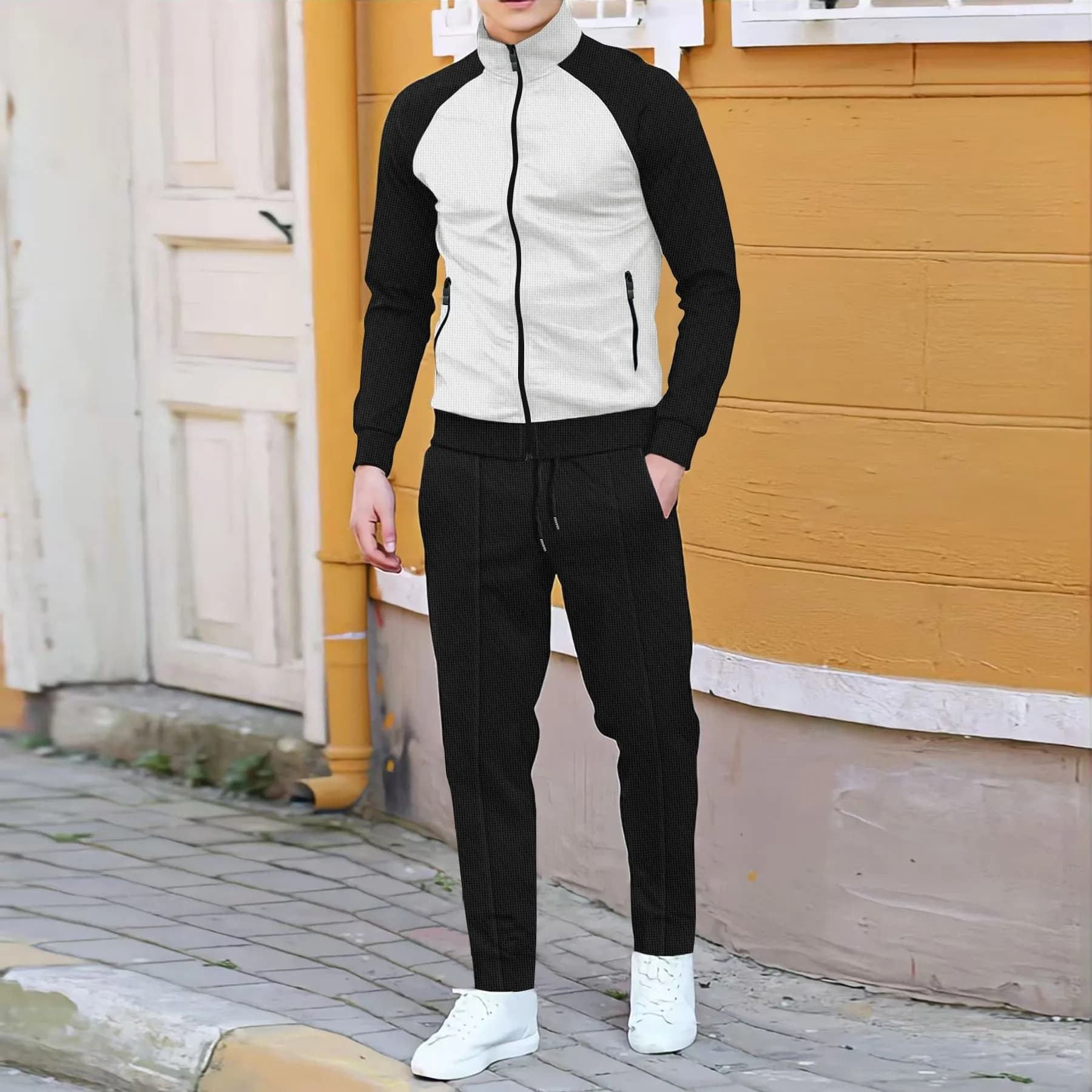 Women's Autumn Jacket with Long Sleeves and Pants, Fantasia Pied-de-Poule, Collo con Cerniera, Color Block, con Tasche, European and American style