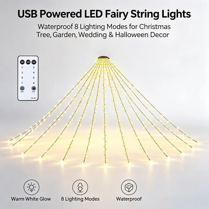 USB Powered LED Fairy String Lights, Waterproof 8 Lighting Modes for Christmas Tree Garden Wedding Halloween Decor