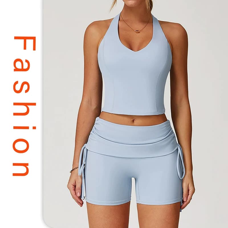 Fashionable yoga set in 2 pieces Women's slim belt Halter Top High waist fitness suit Sports racing set with chest protectors