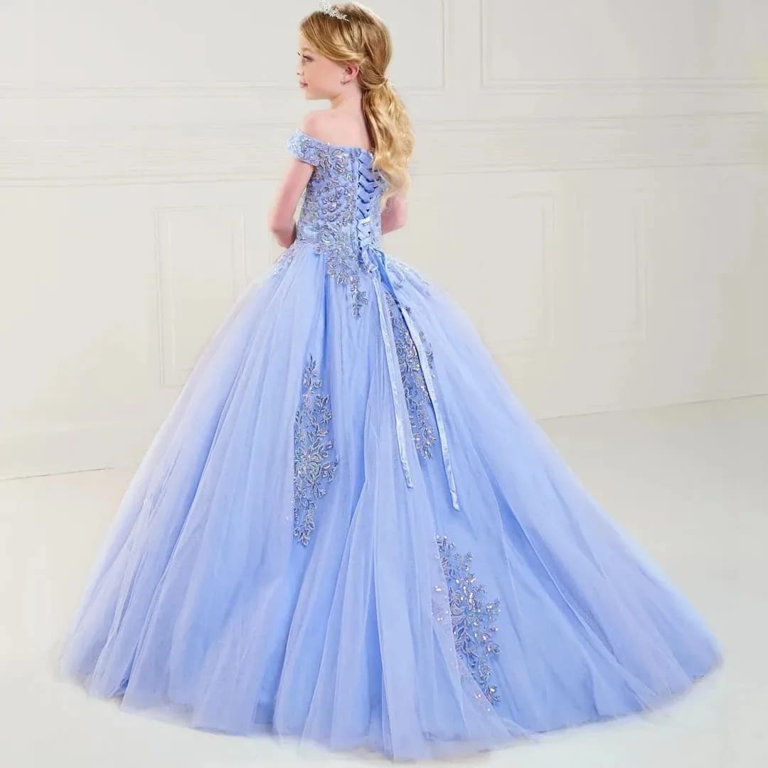 Abito da damigella personalizzato, tulle viola con applicazioni floreali, senza maniche, adatto per matrimoni, feste di compleanno, banchetti, cerimonie