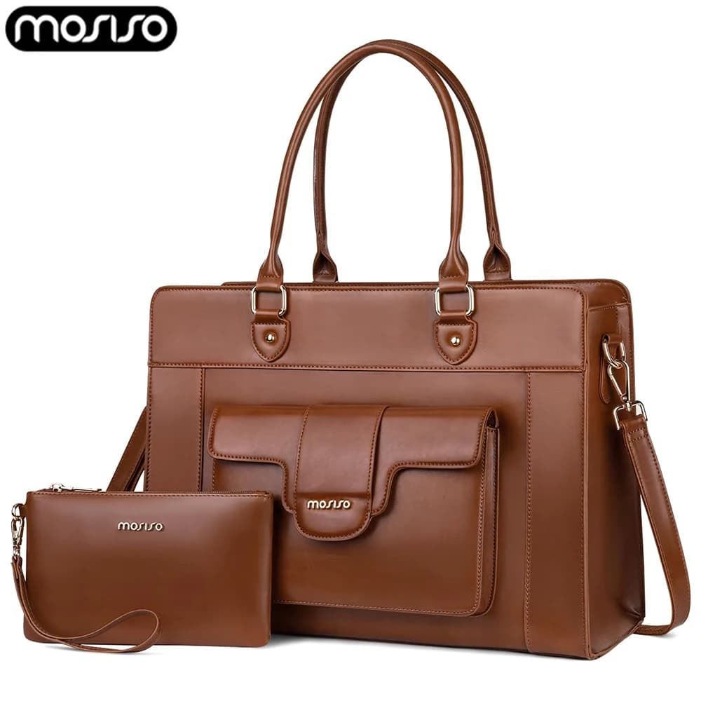 Laptop Tote Bag for Women 15.6 inch PU Leather Shoulder Crossbody Handbag Large Capacity Notebook Sleeve for College Office