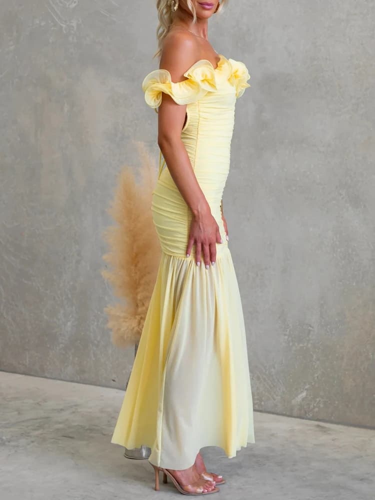 Fashion Solid Off Shoulder Slim Fit Dress Sexy Pleated Backless Club Party Dress Elegant 3d Flower Mesh Splice Sleeveless Dress