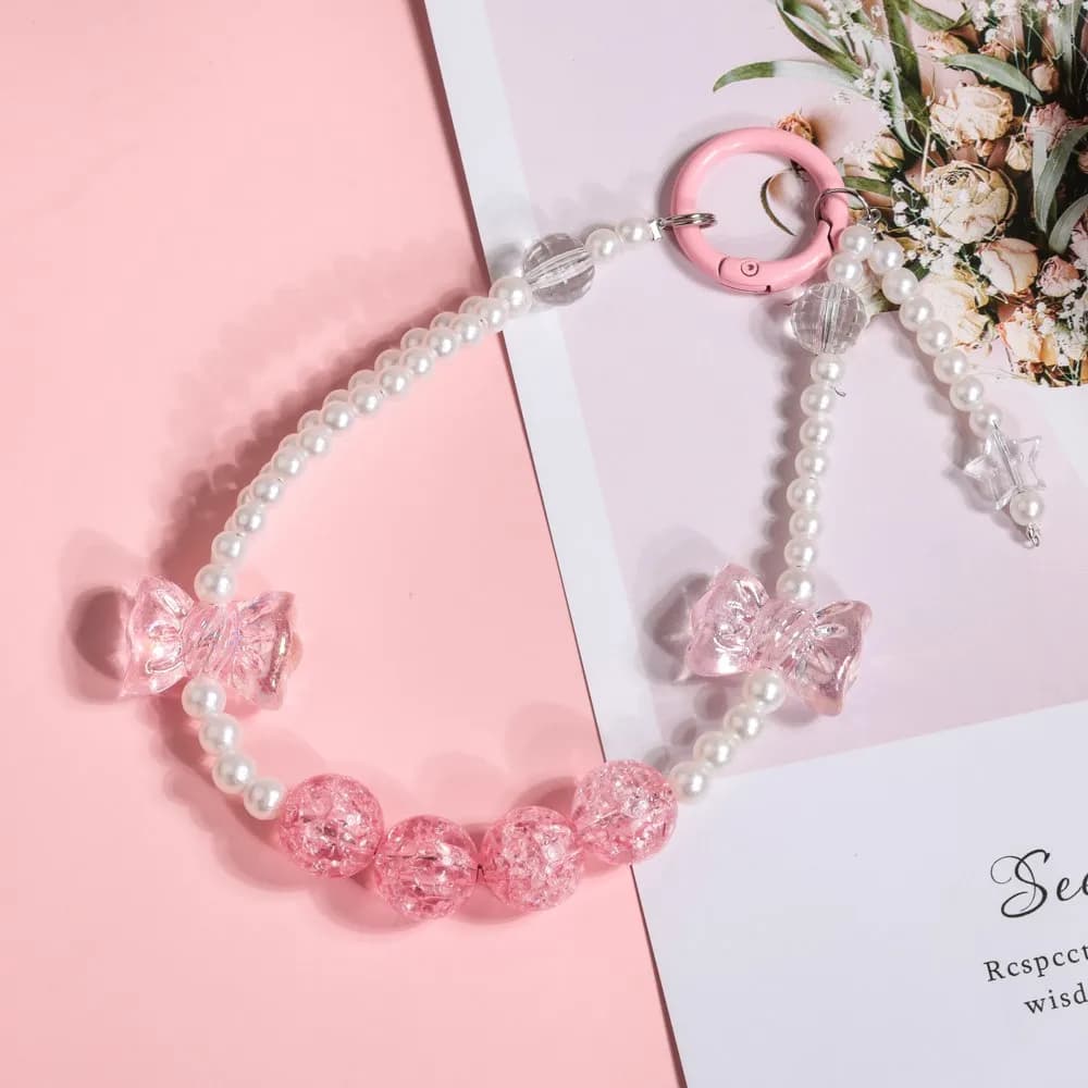 Cute Flowers Bowknot Phone Chain Lanyard Charm Strap Wrist Bead Hanging Cord Bracelet Keychain For CCD Girl Rope Bag ornaments