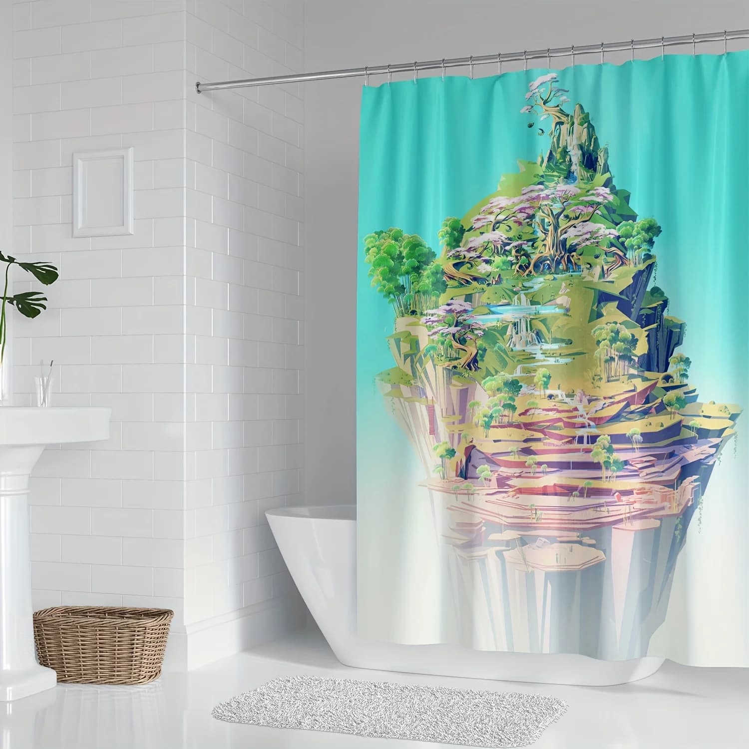 Tenda da doccia con isola dei cartoni animati artistici nordici, paesaggio fantasy con montagne e cascate, poliestere, elegante arredamento da bagno