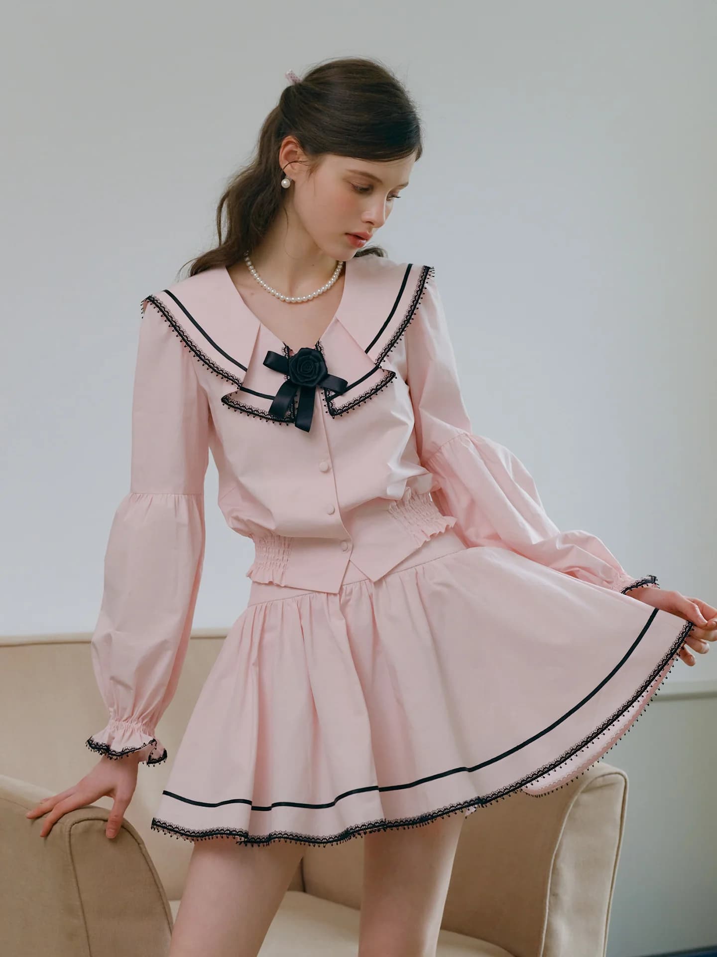 Spring Navy Collar Lantern Sleeve Shirt Women's High Waist Short Skirt Set Comfortable Cotton Knot Tie Blouse Skirt