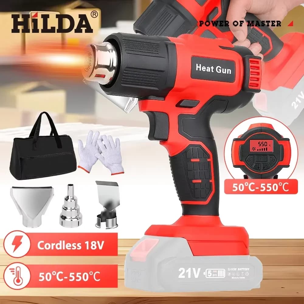 Pistola ad Aria Calda HILDA, Senza Fili, Portatile, Elettrica, per Fai-da-Te, con Temperature Regolabili, Compatibile con Batteria Makita 18V
