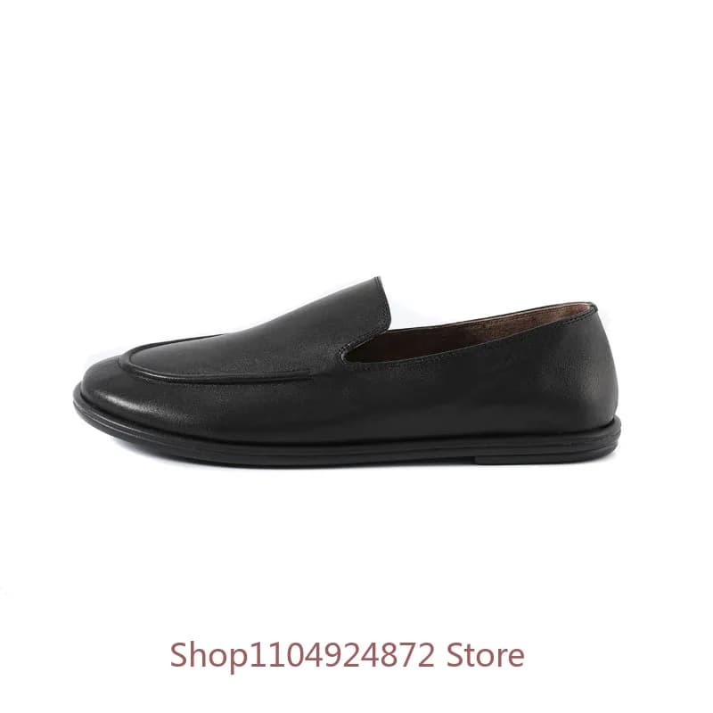 Mocassini di Lusso Neri da Uomo, Scarpe Vintage in Vera Pelle di Vacchetta Fatte a Mano, Comode Calzature in Pelle Senza Lacci