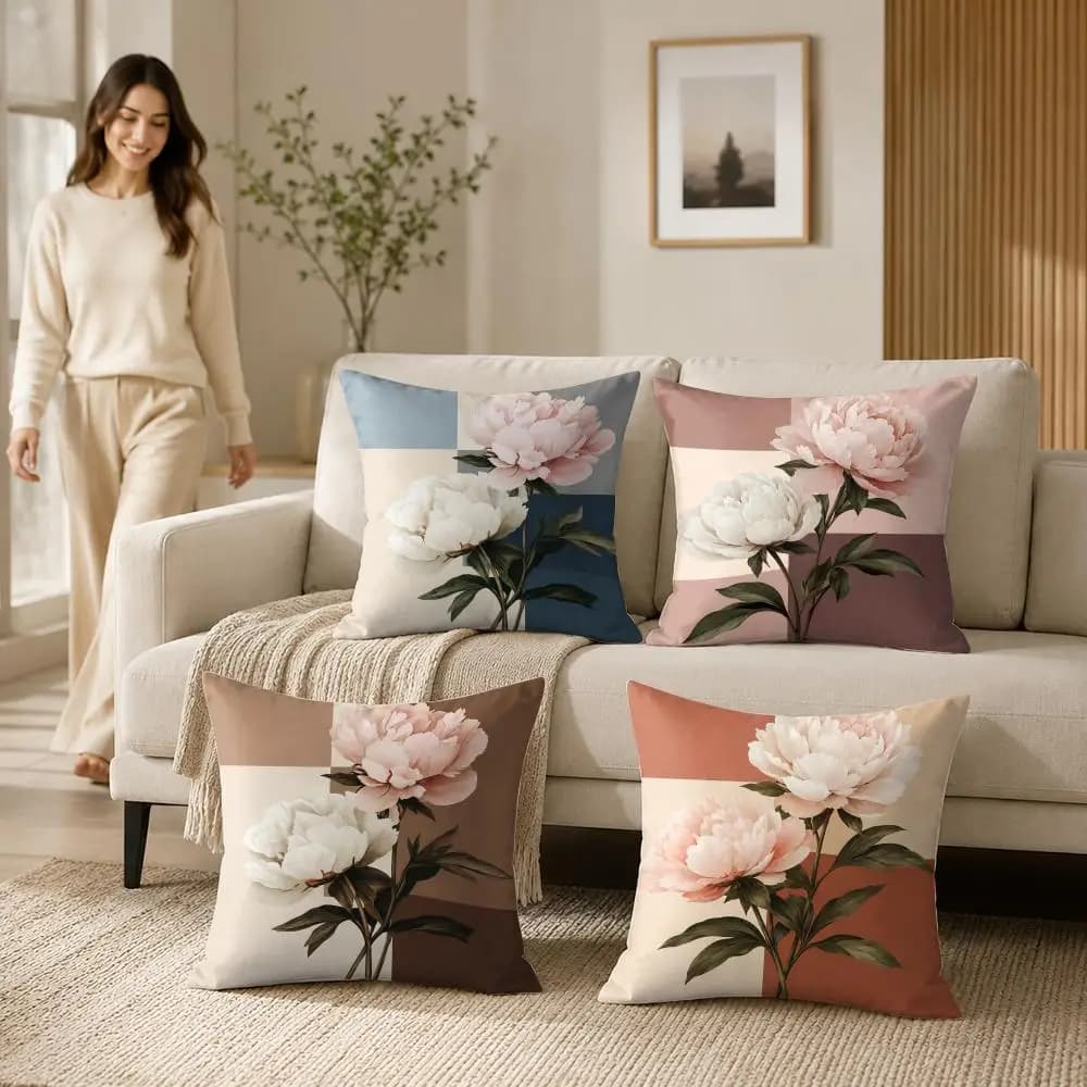 Morandi Peony Flower Cushion Cover Soft Short Plush Pillow Case Double Sided Print Washable Sofa Home Decor Gift