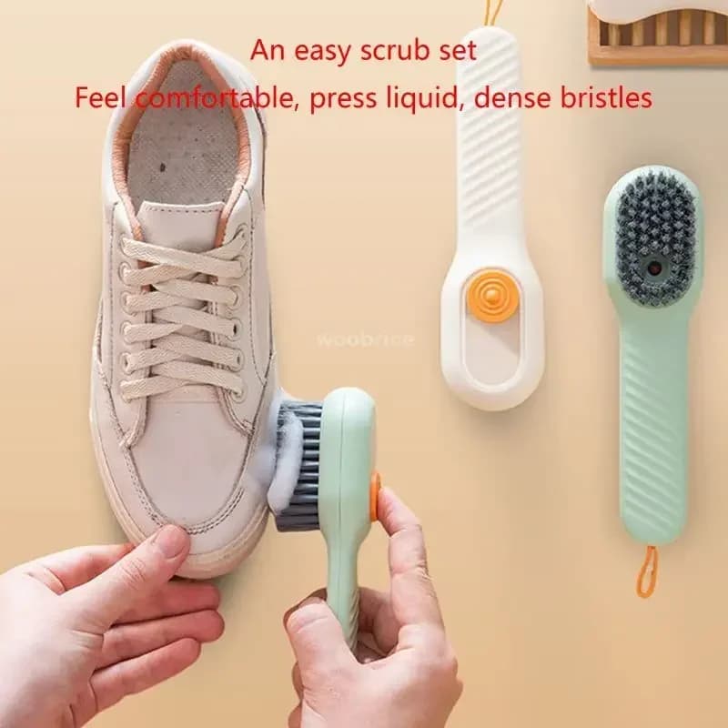 Spazzola per la pulizia delle scarpe con dispenser di sapone, setole morbide e rigide, spazzola multiuso per cucina, tappeti, bagno e scarpe da ginnastica
