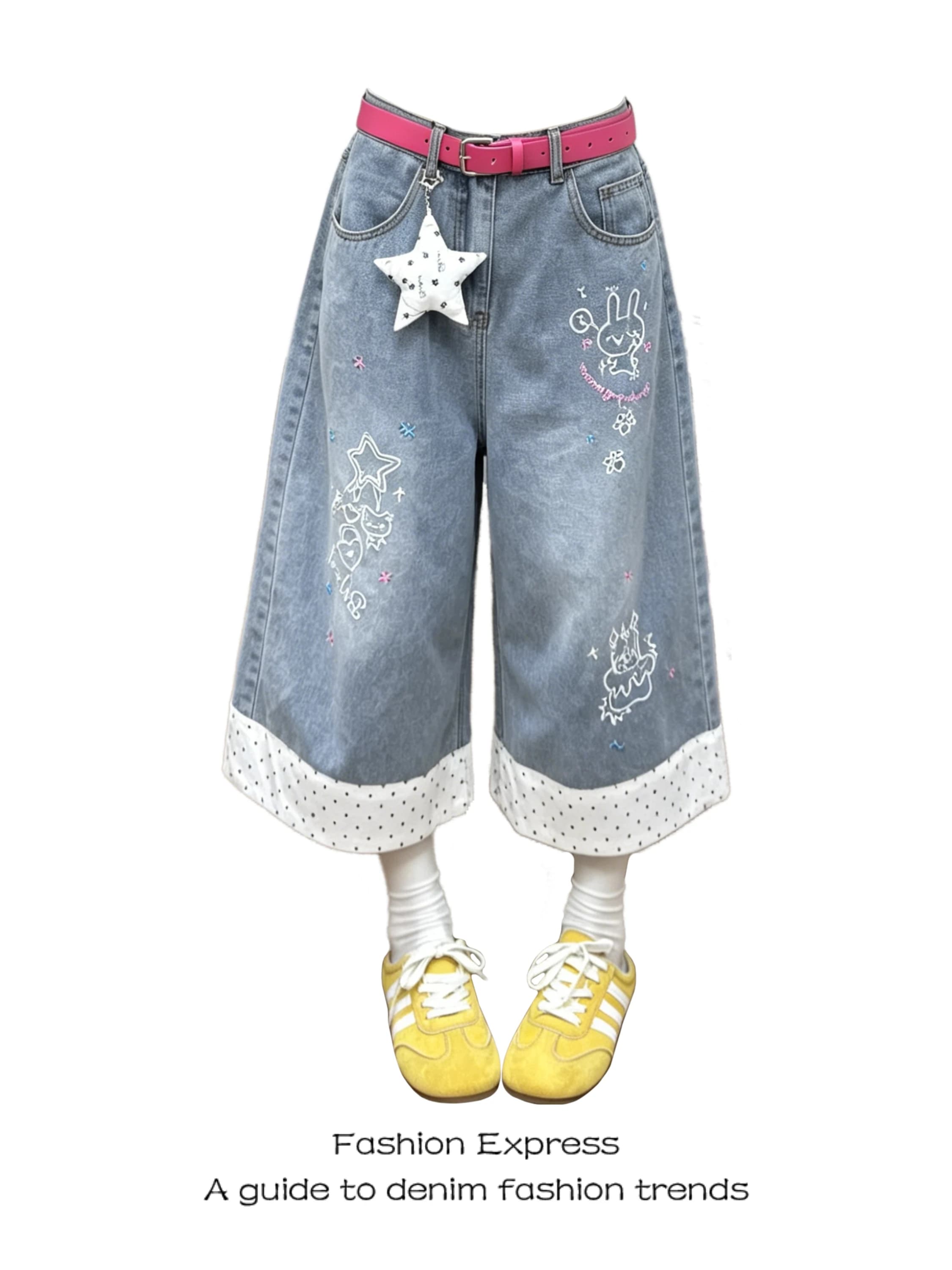 Polka Dot Wide Leg Denim Jeans Women's Summer New Color Block Splicing Washed High Waist Straight Seven Foot Pants