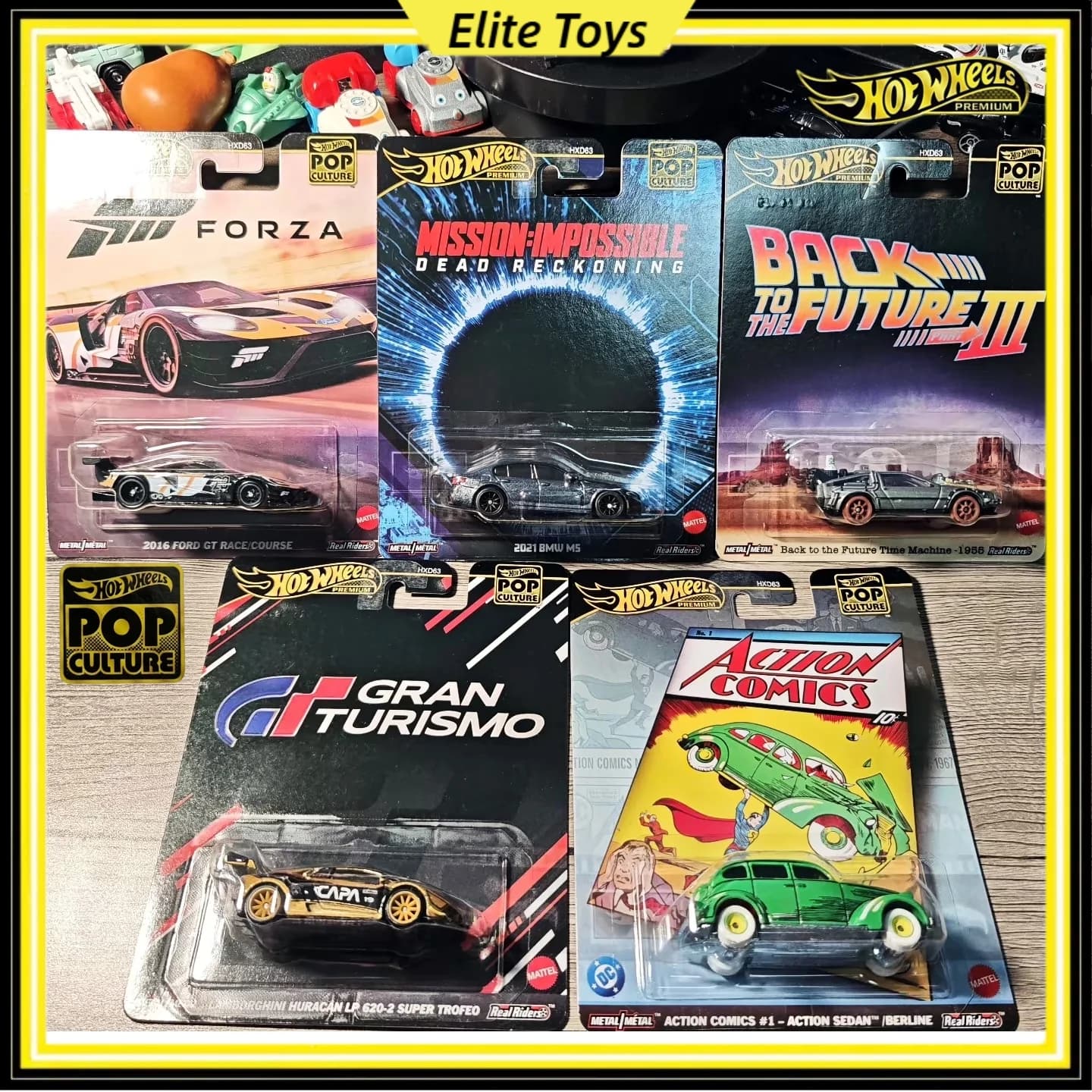 Hot Wheels Premium Pop Culture 5 pezzi Set Bmw Ford Lamborghini Ritorno al futuro Modello di auto pressofuso in lega da collezione 1:64