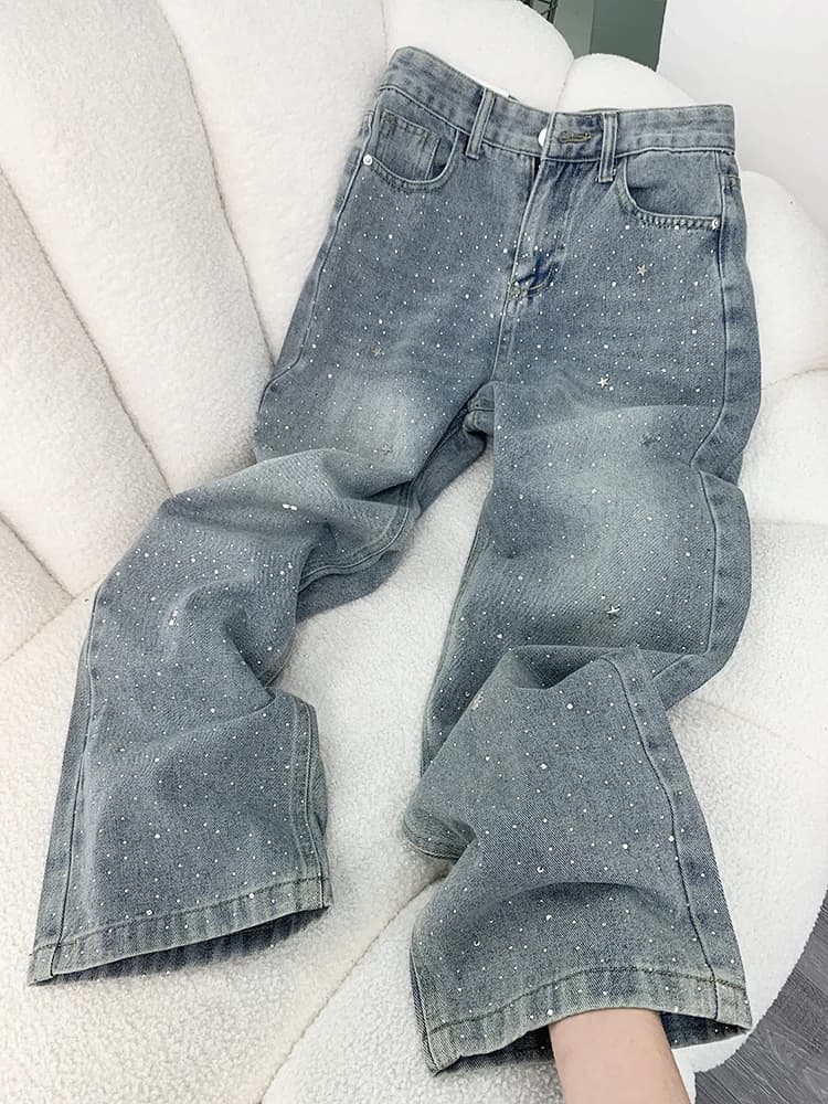 Shiny Women's Jeans High Waist Straight Leg Long Pants Light Color Wide Leg Loose Fit Denim with Rhinestones Spring Summer