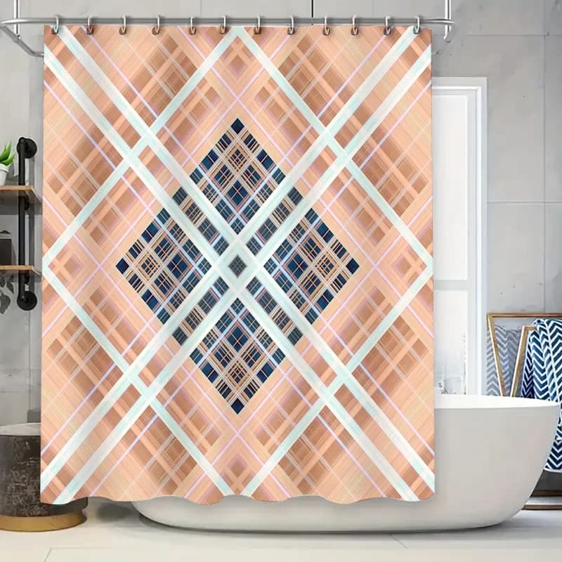Tenda da doccia moderna per bagno con tessuto impermeabile con motivo scozzese per decorazioni da bagno in colori bianco e blu!