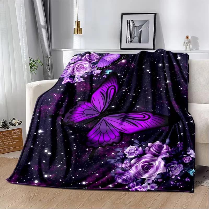 Purple Starry Sky Butterfly Flower Plush Bed Throwing Cartoon Picnic Thin Blankets Modern Flannel Blanket