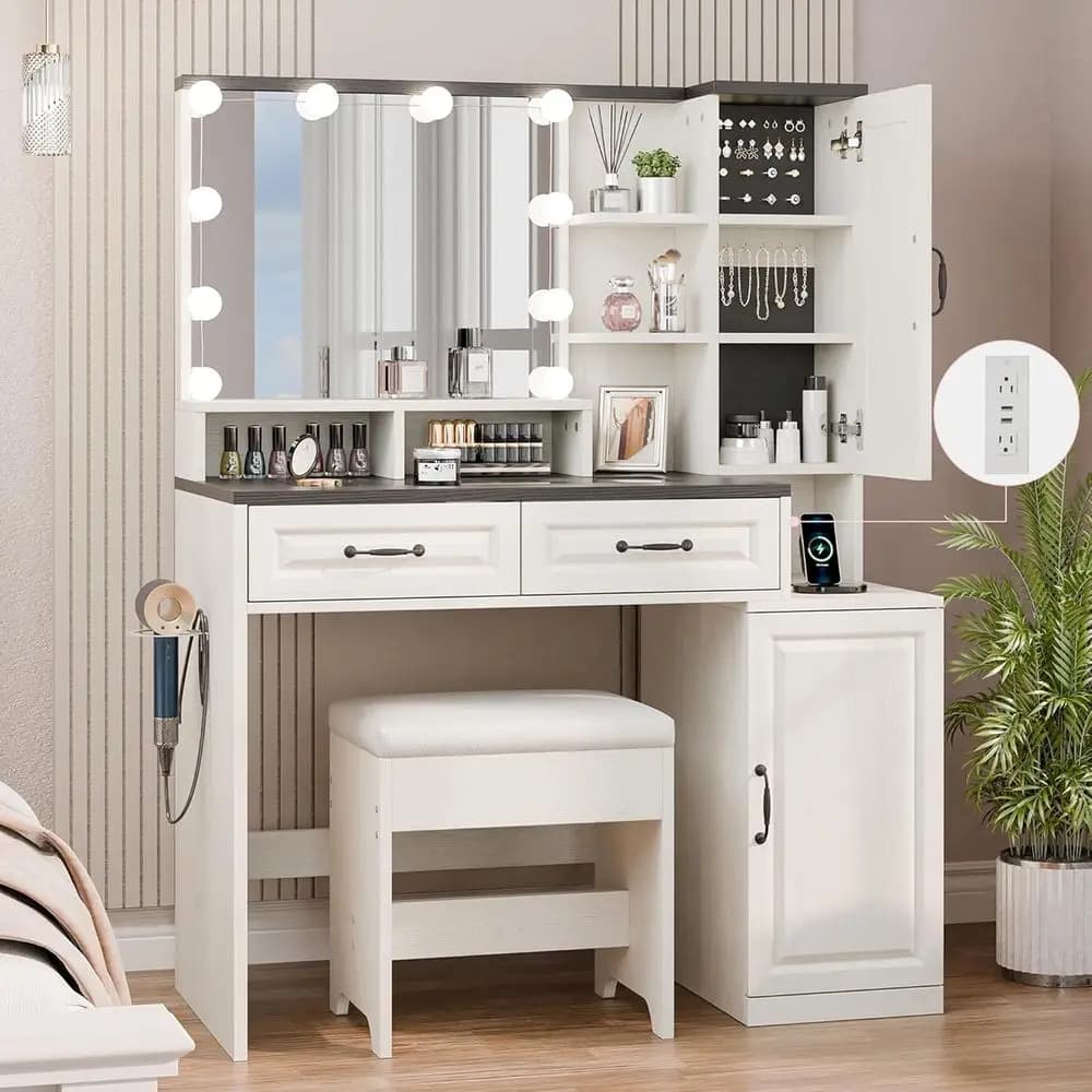 Toeletta con piano in vetro, illuminazione, specchio, cassetti, porta asciugacapelli e sgabello, colore bianco, per camera da letto