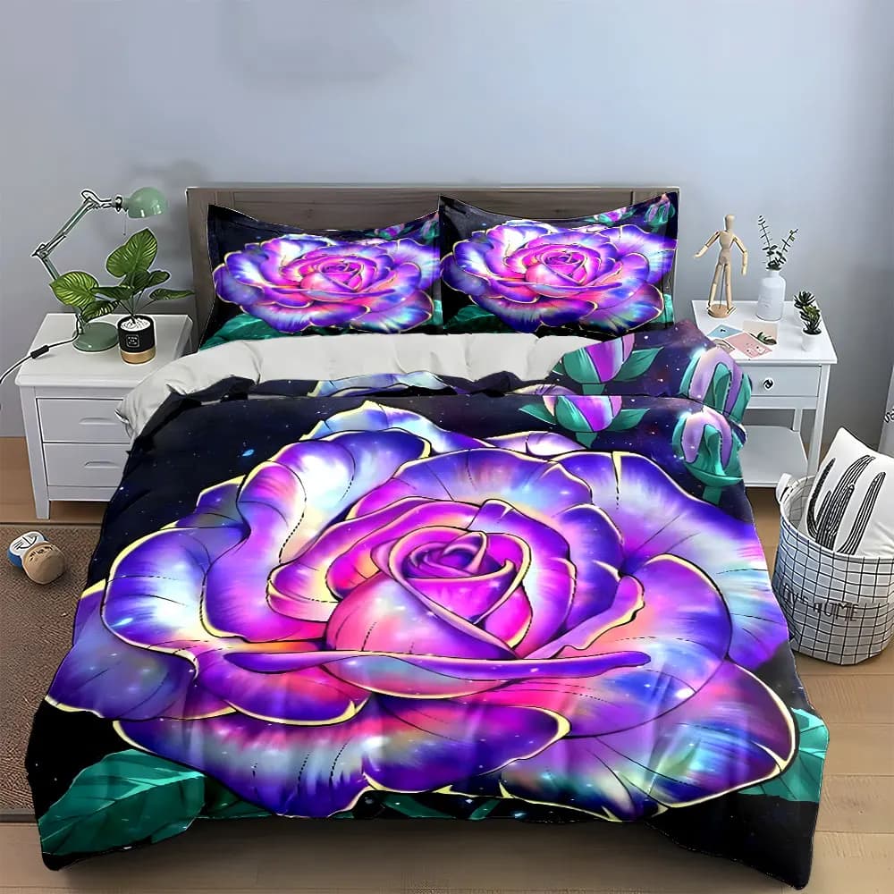 Set di biancheria da letto Galaxy Rose Art Decor con 1 copripiumino e 2 federe, singolo, matrimoniale, king, queen, regalo