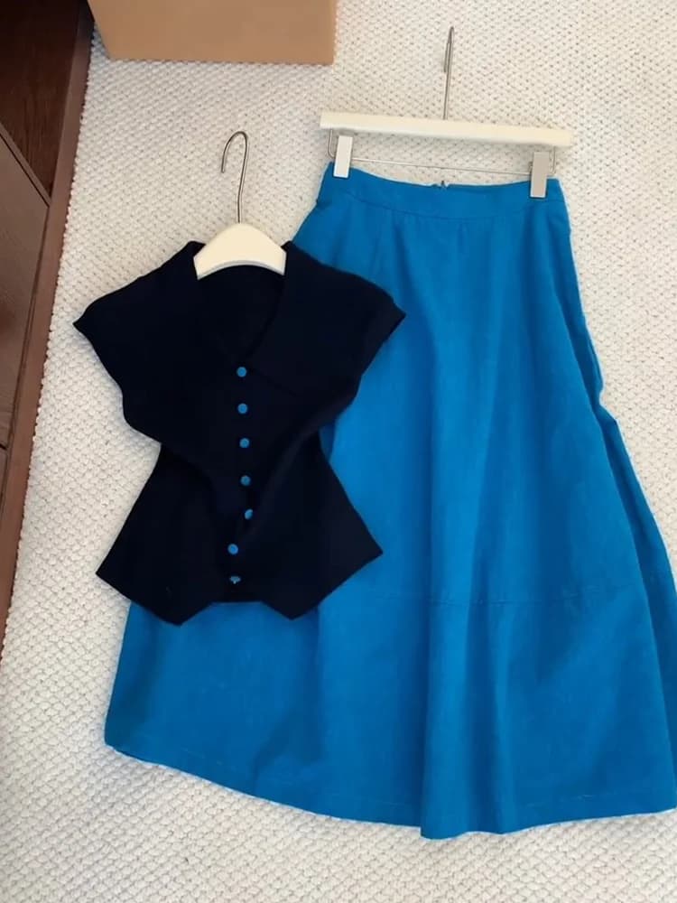 Klein Blue High Waist A-Line Skirt Women's Style 2026 Summer New Korean Artistic Atmosphere Slimming Midi Skirt