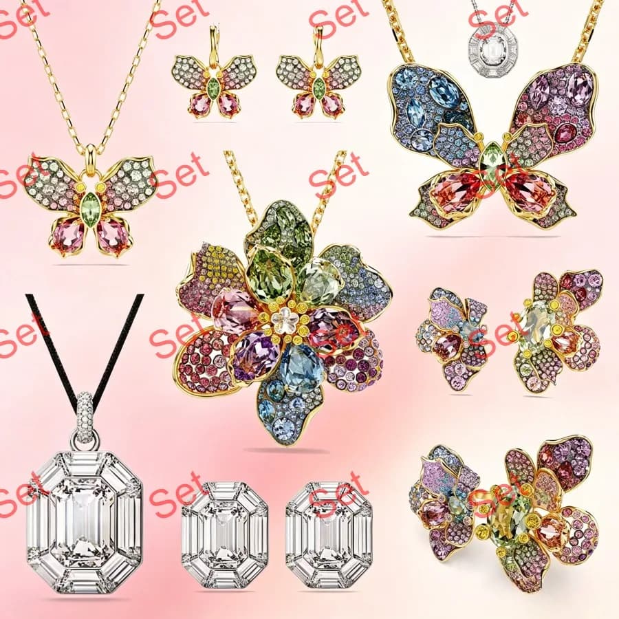 2026 New Trendy Octagonal Crystal Geometric Necklace Earrings Ring Set for Women Exquisite Floral and Butterfly Jewelry Set