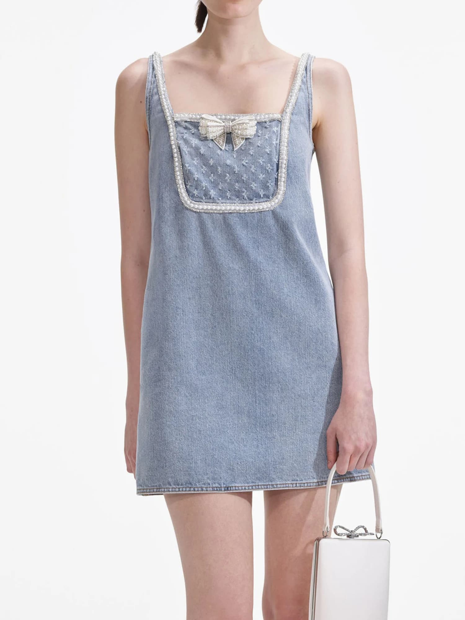 Abito a vita alta a trapezio con decorazioni di diamanti e fiocco in denim per donna, gonna corta elegante per il lavoro.