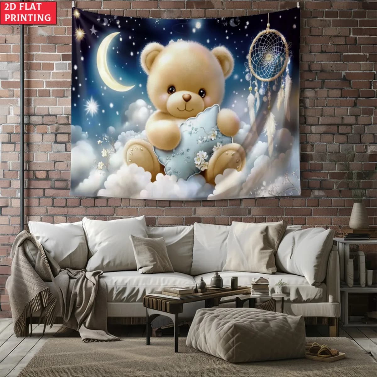 Cute Teddy Bear DreamCatcher Tapestry Night Sky Moon Clouds Wall Hanging for Kids Room Nursery Baby Bedroom Decor with Soft Blue