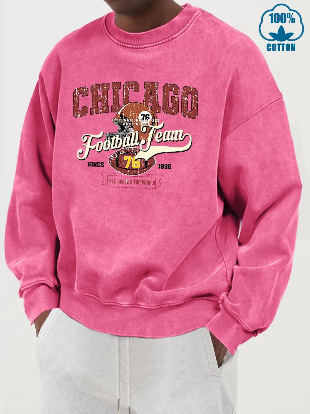 Chicago Football Team Printed Men's Washed Cotton Sweatshirt Pullover All-Autumn Hoodie Vintage Casual Soft Street Dresses